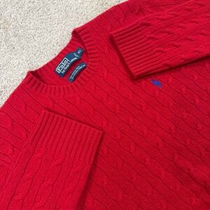 Polo Ralph Lauren Mens XL Red Merino Wool Angora Cable Knit Sweater Blue Pony